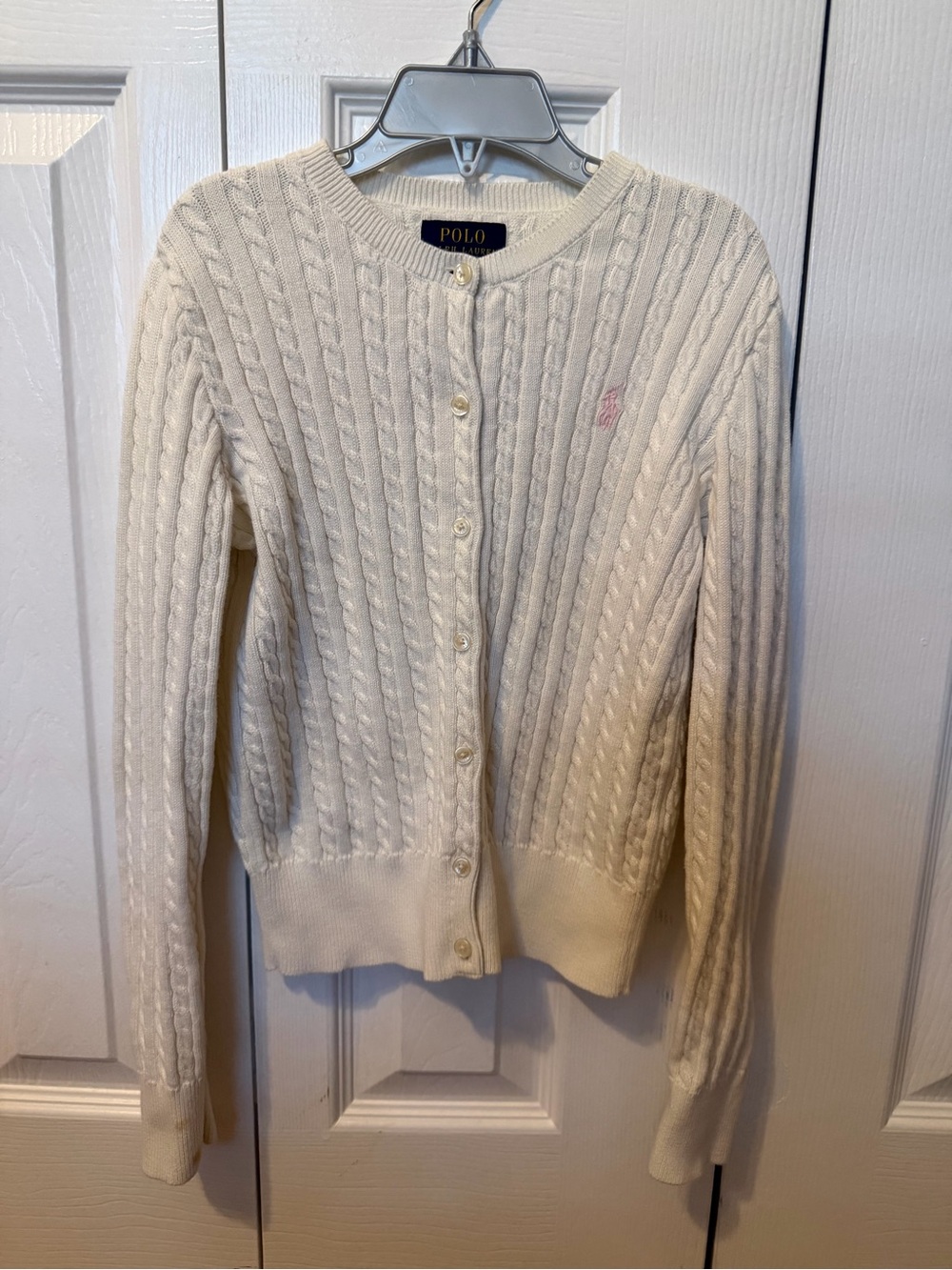 Polo by Ralph Lauren Cream Cable-Knit Cardigan with Pink Pony